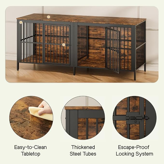 80" Dog Crate End Table, Heavy Duty 2-Door Indoor Pet Kennel, Rustic Brown, MDF and Iron, TV Stand or Side Table for Living Room