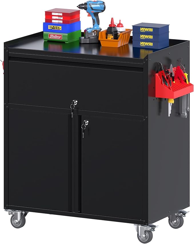 Reemoon 35" H Metal Garage Storage Cabinet on Wheels,1Drawer Tool Storage Cabinet with Pegboard and 4 Hooks for Garage, Home, Office,Assembly Required,Black