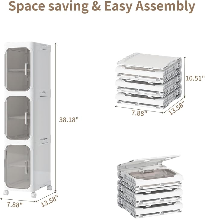 3 Tier Slim Bathroom Storage Cabinet, Foldable and Movable, White | Tools Free, ABS and PET, Magnetic Clear Door, Adjustable Shelves, Lockable Wheels, Water Resistant, For Narrow Space