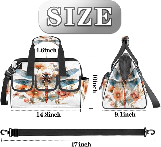 Flower Dragonfly Heavy Duty Tool Bag 14.8 Inch Floral Dragonflies Portable Soft Tool Box Organizer Storage with Adjustable Shoulder Strap