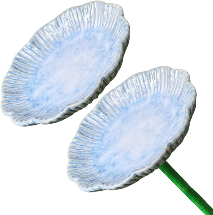 Ceramic Bird Bath Set of 2 with Fluted Bowl Stake, Vertical Blue | Decorative Glazed Water Basin for Patio Garden Balcony Display