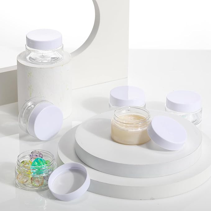 Patelai 60 Pcs Plastic Containers with Lids, Round Leakproof Cosmetic Containers, Multipurpose Storage Jars for Makeup, Lotion, Ointment, Rhinestone Samples, Dry Food and Toiletries(White,1 oz)