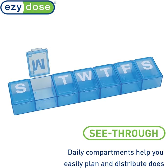 Ezy Dose Weekly (7-Day) Pill Organizer, Medium Planner, Blue, BPA-Free | Compact Daily Vitamin & Supplement Medicine Case, Pop Up Compartments, Convenient and Easy to Use, Travel-Friendly, BPA-Free