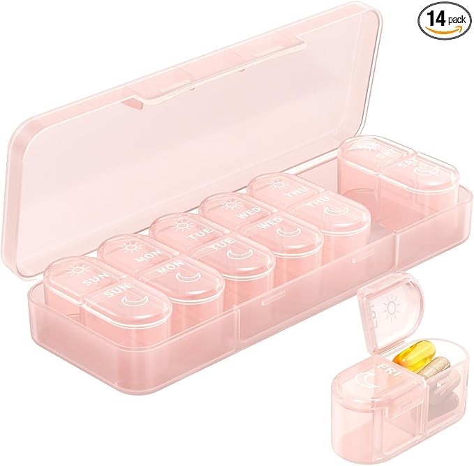Pillex Weekly Pill Organizer 2 Times a Day, Daily AM PM Pill Box Case 7 Day with Large Openings for Easy to Use, Travel Medicine Container for Medication, Vitamins, Supplements - Pink