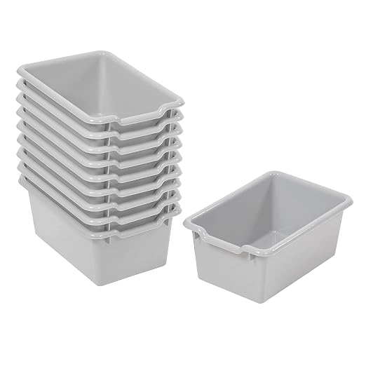 ECR4Kids Scoop Front Storage Bins, Multipurpose Organization, Light Grey, 10-Piece | Durable plastic, GREENGUARD Gold Certified, 1.2 gallon capacity, lightweight & nestable, built-in handle, classroom/home use