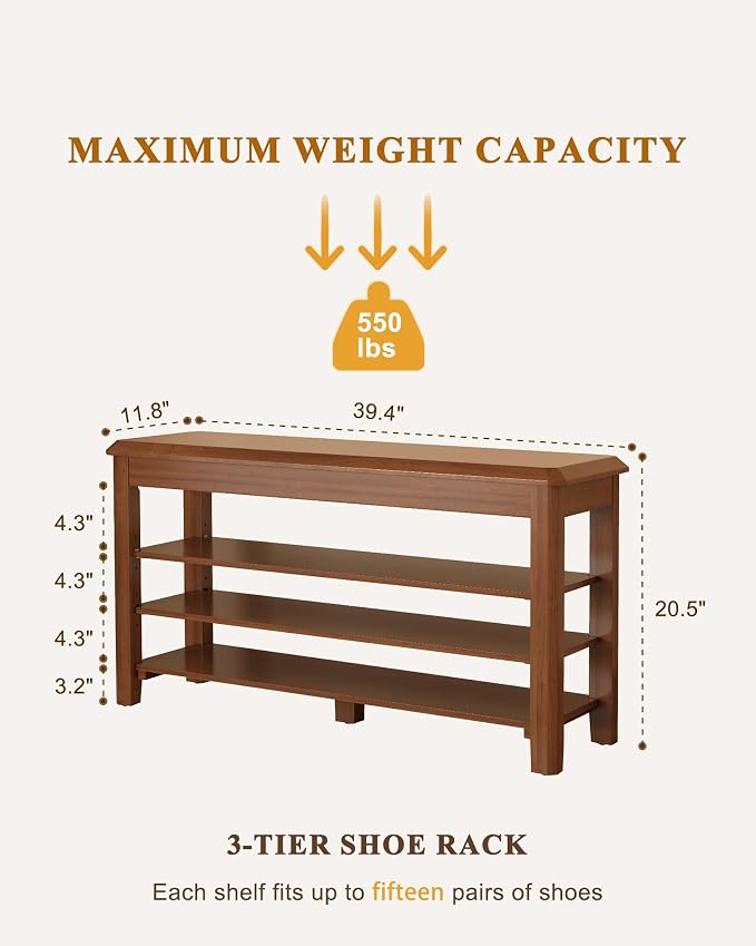 IUNVR Shoe Rack Bench Seat Rubberwood 3-Tier Wooden Storage Bench 550lbs Compact Mid-Century Modern Design for Entryway, Hallway, Closet, Front Door Entrance, Foyer