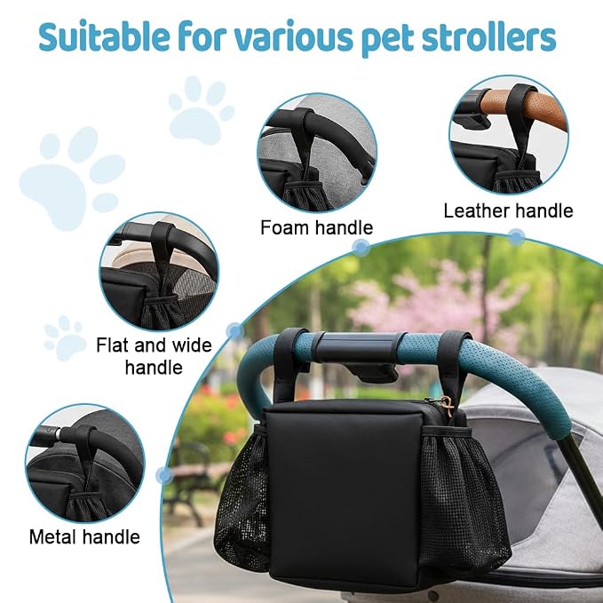 Dog Stroller Organizer Bag, Portable Spacious Compartments Pet Stroller Caddy Bag with Hook-and-Loop Straps & Side Mesh Pockets for Dog Cat Supplies Outdoor Travel
