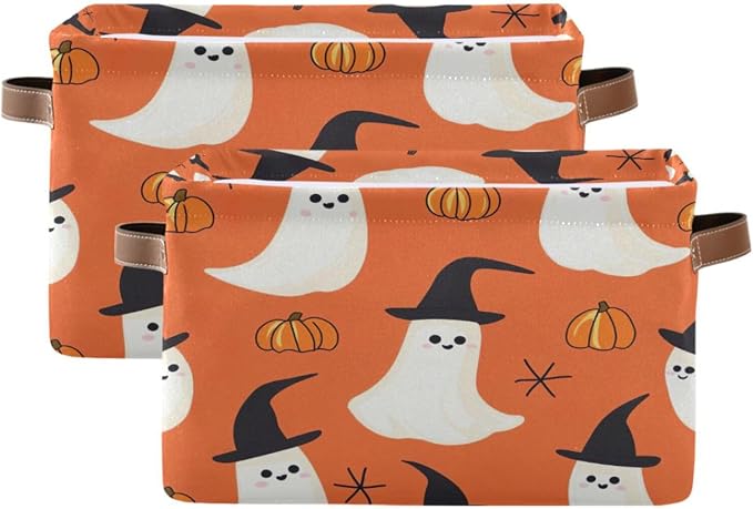 Kigai Storage Basket, Fabric Collapsible Closet Organizer Bin | Halloween Boo Waterproof Foldable Canvas Basket with Handles for Shelves, Nursery, Closet, Bedroom & Bathroom
