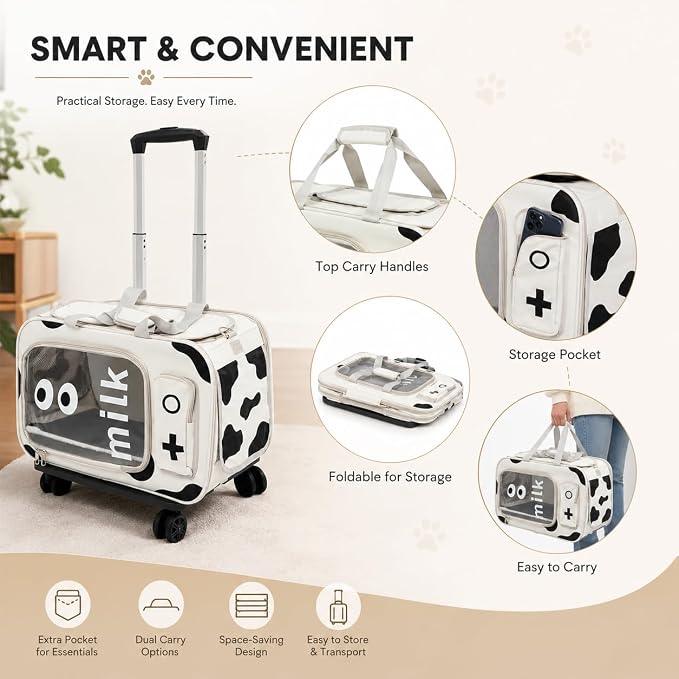Pet Carrier with Wheels,Steel Wire Frame Cat Carrier,with Upgraded Wheels and Telescopic Handle,for Car Travel Bus Subway, Beige