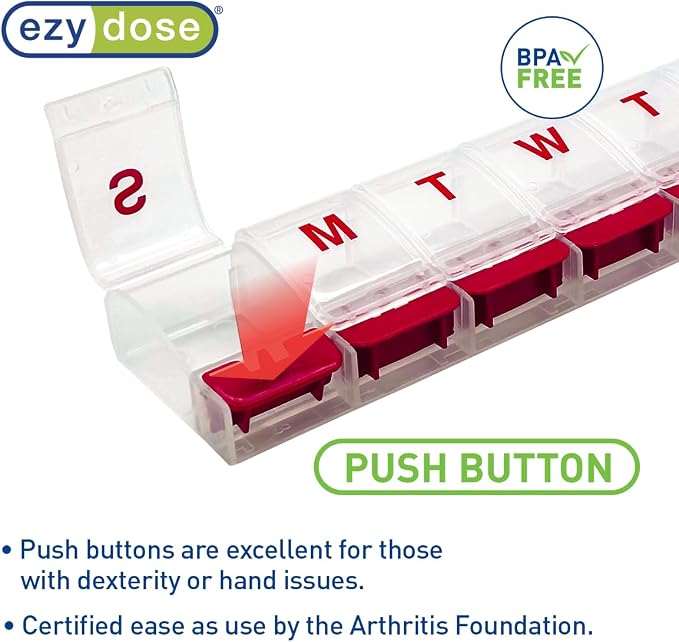 Ezy Dose Weekly (7-Day) Pill Organizer, X-Large Medicine Case, Clear/Red | Daily Vitamin & Supplement Planner, Spacious Push-Button Compartments, Convenient & Easy to Use, Travel-Friendly, BPA-Free