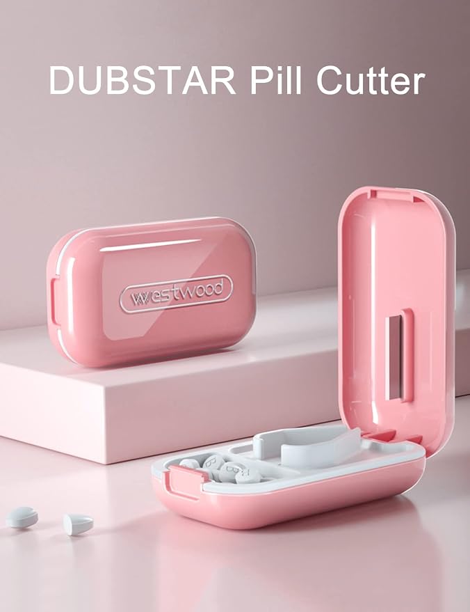 DUBSTAR Pill Cutter Splitter for Small and Tiny Large Pills Portable Pink | Pill Cutters with Removable Silicone Pad, Tablet Splitters Cuts Vitamins Tablets for Purse Pocket