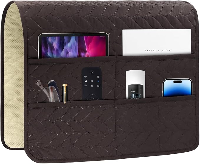 Sofa Armrest Organizer Arm Chair Caddy for Recliner, Remote Control Holder for Recliner, Non-Slip Armchair Caddy with 6 Pockets Storage for Magazine, Chocolate