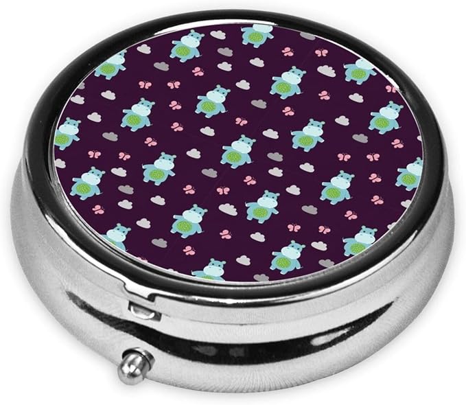 Purse Pill Holder, Lovely Hippo Round Waterproof Organizer, Compact Case for Vitamins, Travel Pill Box Pocket Use for Active Lifestyles