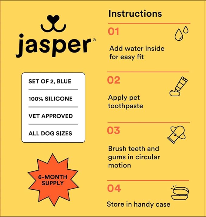 Jasper Dog Toothbrush, 360 Dog Tooth Brushing Kit, Finger Toothbrush, Cat Tooth Brush, Teeth Cleaning, Pet Tooth Brush for Small & Large Pets, Pet Toothpaste Not Included, 2-Pack Blue