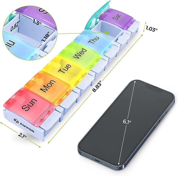 AUVON Weekly Pill Organizer Arthritis Friendly, BPA Free Travel 7 Day Pill Box Case with Spring Open Design and Large Compartment to Hold Vitamins, Cod Liver Oil, Supplements and Medication