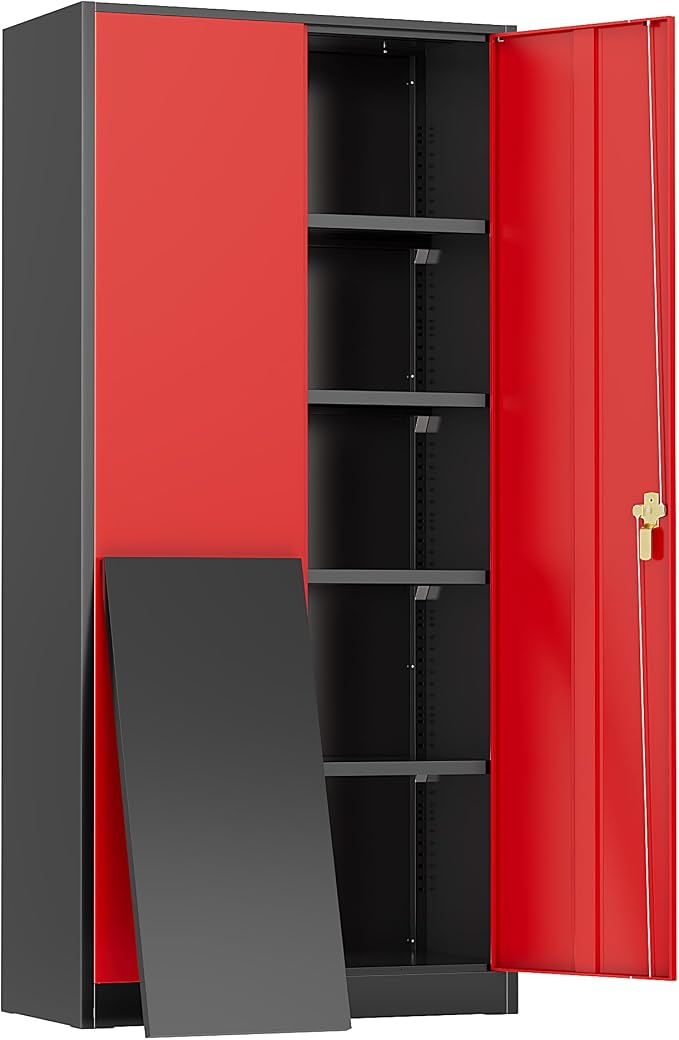 Greenvelly Metal Storage Cabinet, 72" Black Locking Metal Garage Storage Cabinet with Doors and 4 Adjustable Shelves, Lockable Steel Cabinet for Home Office, Garage, Shop, School (Red 36" W x 18" D)
