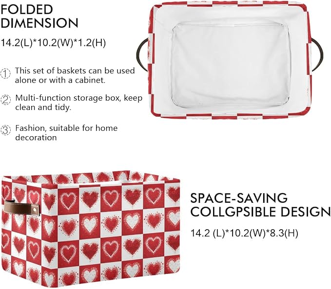 Happy Valentine's Day Love Heart Storage Basket Fabric Laundry Baskets Red White Buffalo Plaid Storage Boxes Organizer Bag for Baby Cloth Dog Toy Book Storage Cubes Shelf Closet Bins 16×12×8 Inches