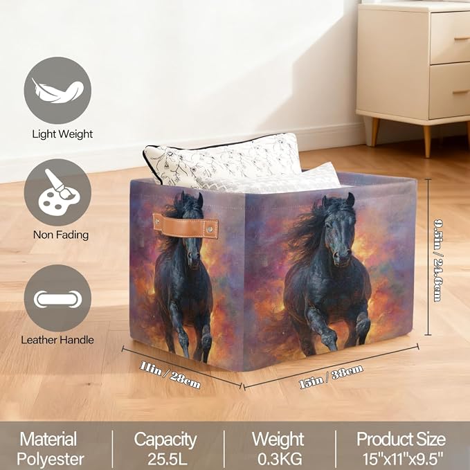 Pardick Storage Baskets Bin, Flame Animals Horse Collapsible Canvas Fabric Storage Bin Decorative Baskets Toy Organizer Rectangle Storage Boxes with handles for Home Shelves Nursery,Q-13
