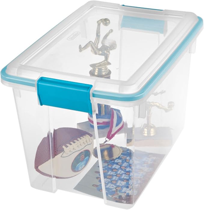Sterilite Gasket Storage Box with Lids for Home & Office, 20 Quart, 18-Pack | Heavy-Duty, Stackable, and Organizing Containers for Bathroom, Cabinet, Closet, and Garage, Clear and Blue Aquarium Latches