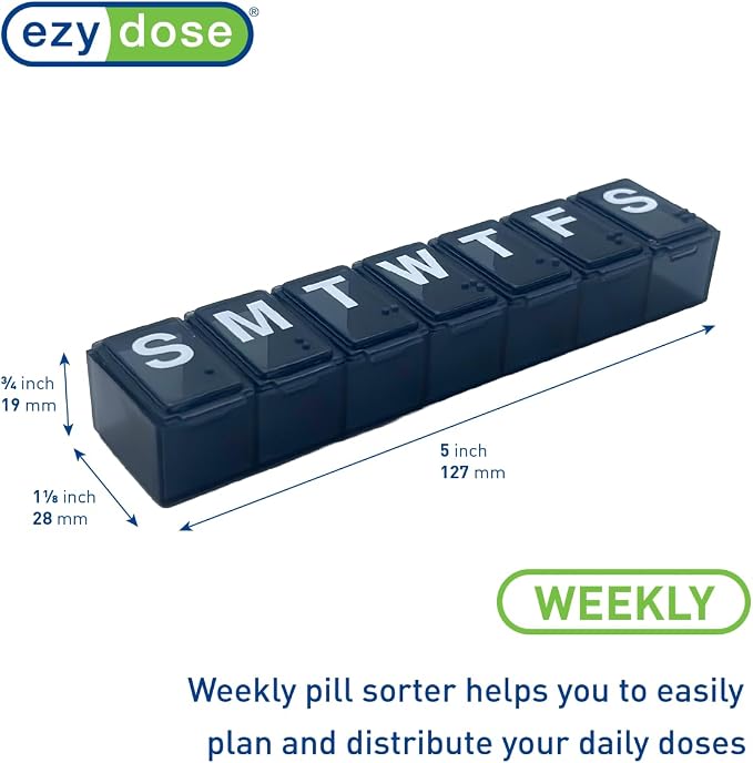 Ezy Dose Weekly (7-Day) Pill Organizer, Medium Planner, Black, BPA-Free | Compact Daily Vitamin & Supplement Medicine Case, Pop Up Compartments, Convenient and Easy to Use, Travel-Friendly, BPA-Free