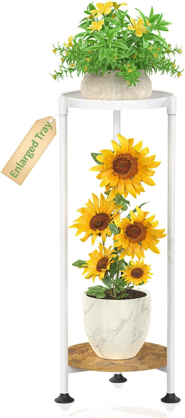 KMOTASUO Metal Plant Stand Tall for Indoor Outdoor Corner, 2 Tier White | Heavy Duty Flower Holder Rack, Modern Vertical Iron Shelf for Patio Bathroom Office Garden