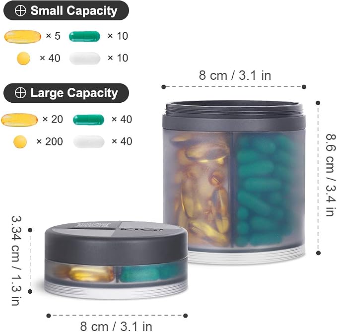 KIGI Extra Large Supplement Organizer and Portable Pill Case with 8 Compartments Double Layers Medicine Dispenser Monthly Vitamins Organizers Pill Bottle, Gray