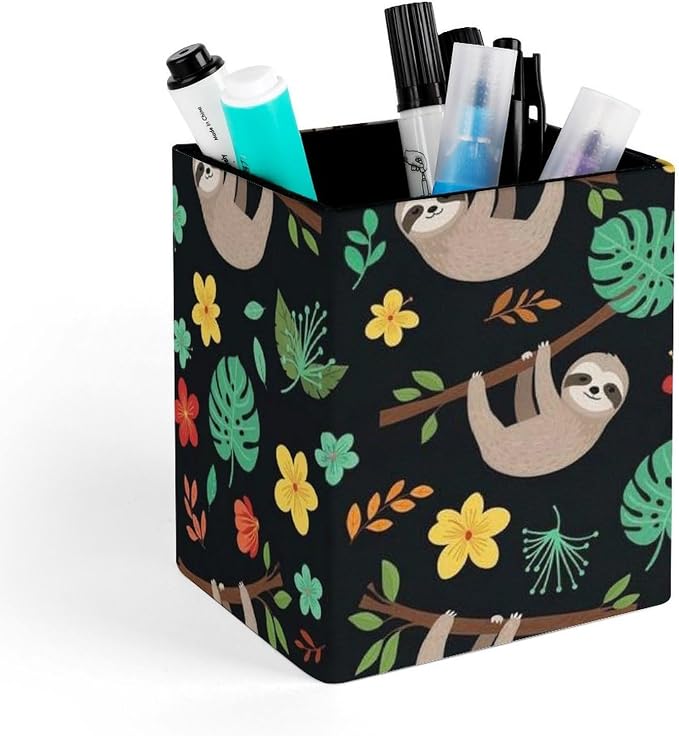 Pen Organizer Pencil Holder, Makeup Brush Organizer Pu Leather Desktop Holder Box Floral Flowers Cute Branch Sloth Desk Decor Accessories