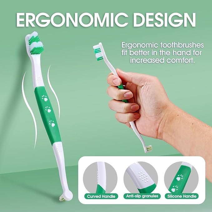 Dog Toothbrush – Newly Upgraded Dual-Head Design with 60° Wavy Bristles – Gently Surrounds Teeth for Deep Cleaning and Plaque Removal – Non-Slip Handle, Ideal for Daily Pet Dental Care (Green, 1-Pack)