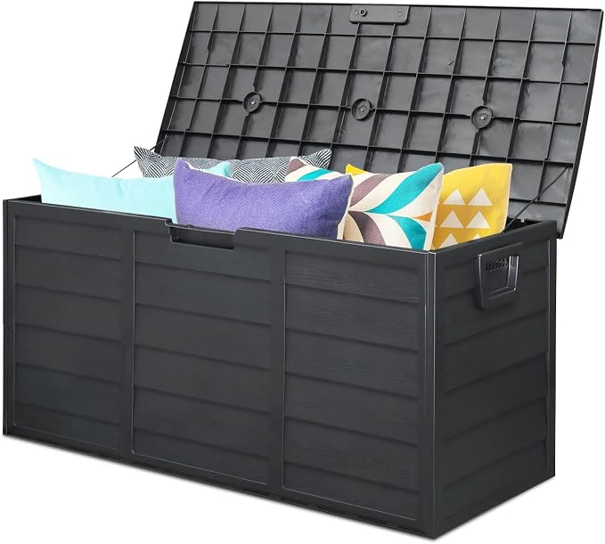 75 Gallon Black Outdoor Storage Box with Wheels, Waterproof Resin Deck Box for Patio Cushions & Garden Tools, Rolling Garden Storage Bin, Weather Resistant Trunk