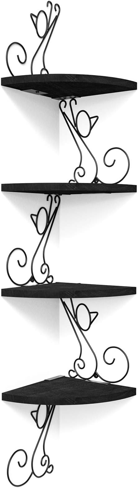 Alsonerbay 4-Tier Cat Shaped Corner Floating Shelf Wall Mount, Black | Curved solid wood, 35.2 lbs total capacity, reinforced metal bracket, rustic decor, for bedroom, living room & kitchen