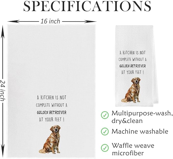 Golden Retriever Dish Towels Set - Golden Retriever Decorative Waffle Weave Kitchen Towels, Hand Tea Towels for Bathroom Kitchen (16×24 Inches Set of 2)