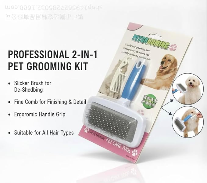 2 in1 grooming pet Slicker Brush forDe-Shedding Fine Comb for Finishing & Detail Ergoromic Handle Grip Suitable for All Hair Types Double-Layer Needle Design