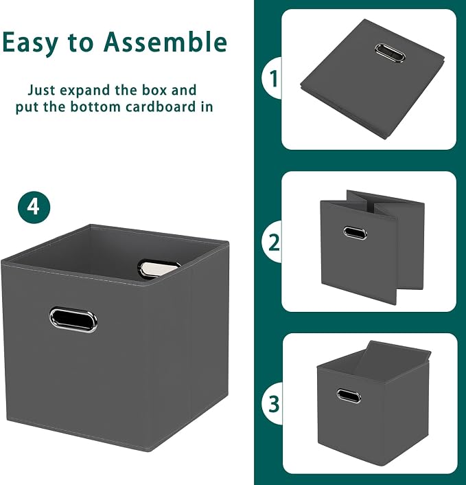 Black Foldable Storage Cubes Bins, Fabric Storage Box Cubes Organizer Baskets with Dual Handles for Home Organizer,Set of 6,(Gray)
