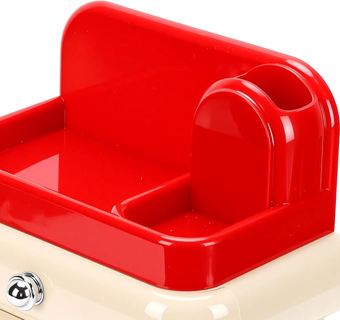 Yosoo Desktop Makeup Organizer with 3 Drawers Top Tray Dust Guard for Cosmetic Brushes Lipstick Skincare Storage (Red)