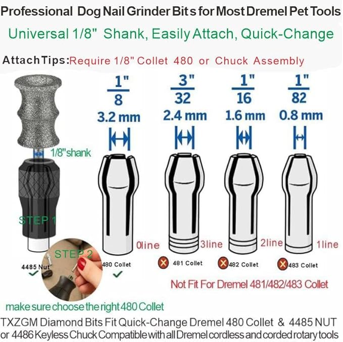 2-Pack Diamond Dog Nail Grinder Bits Attachment for Dremel - 1/8'' 80 Grit Refills Tip & Replacement Heads for dremel 7760 & 7350, Fits Small, Medium, Large Dogs & Cats, Grooming Thick Nails on Pets