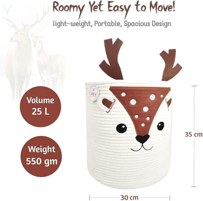 Storage Basket, Large 14” x 12” Woven Cotton Rope Bin with Deer Design, Cutout Handles, Decorative Storage Organizer for Home Use, Laundry, Clothes & Household Items, Foldable & Washable (Deer)