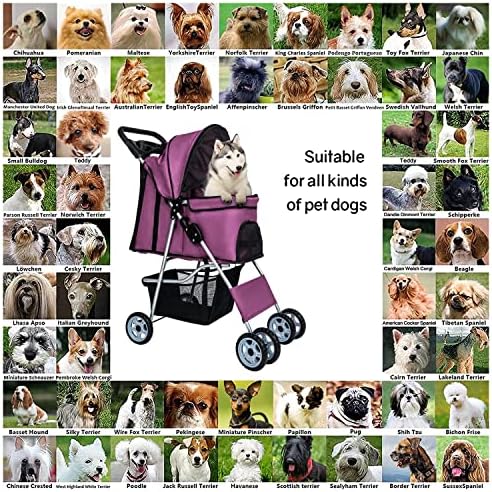 BestPet | 4-Wheel Foldable Pet Stroller | Purple | Lightweight & Portable | Travel Carrier with Mesh Windows, Storage Basket, Cup Holder, Safety Brakes, and Waterproof Fabric | For Small Dogs and Cats