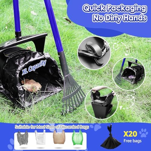SlowTon Dog Pooper Scooper, 37.4" Long Handle Poop Scoop for Large Dogs | Adjustable, Portable, Non Breakable, with 20 Waste Bags, Swivel Extra Large Bin & Rake & Spade Kit, for Gravel Lawn Grass