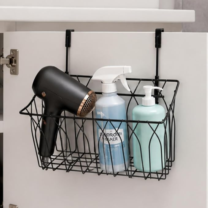 TOPZEA 2 Pack Grid Storage Baskets with Hooks, Metal Hanging Wire Basket Kitchen Over the Cabinet Door Organizer Caddy for Cutting Board, Kitchen Wrap, Foil, Cleaning Supplies, Bakeware, Towel