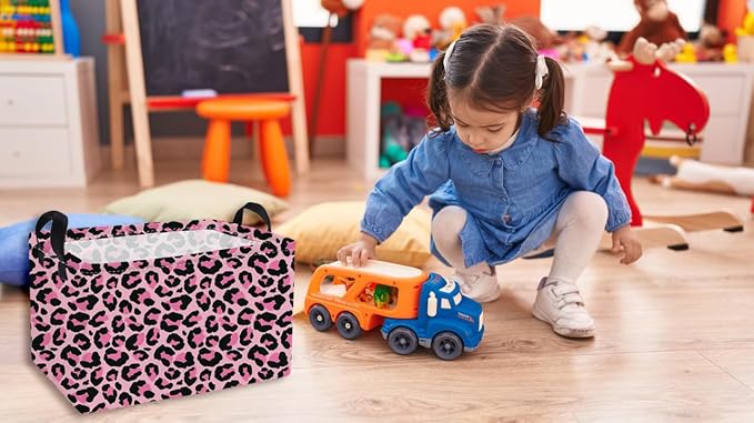 Essme Rectangular Baskets,Pink Storage Basket with Handles for Room Decor, Leopard Print Box,Cute Storage Bin（Pink leopard print）