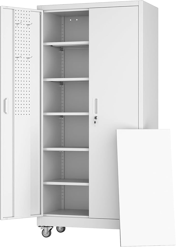Upgraded Garage Storage Cabinets with Wheels,Metal Storage Cabinets with 5 Adjustable Shelves for Garage Home Office Storage,White,71''H*34''W*18''D,Assembly Required