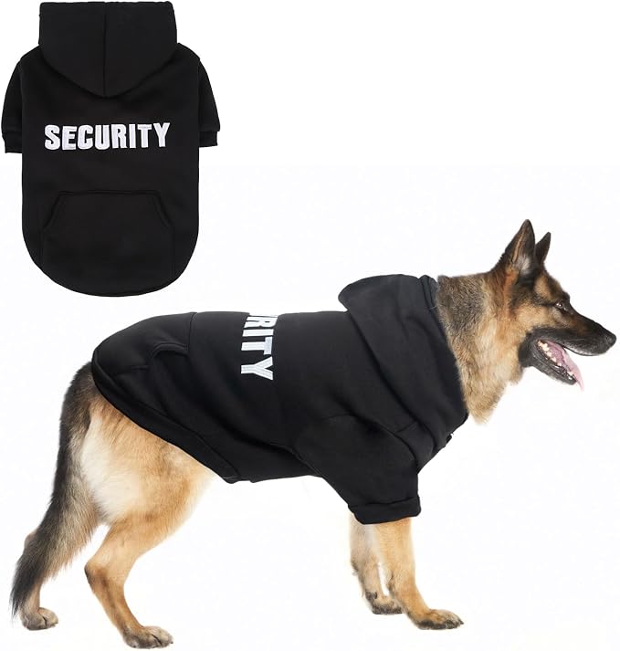 SCENEREAL Security Dog Hoodie Sweater for Large Medium Small Dogs, Embroidered Dog Clothes with Hat Pockets and Leash Hole, Soft Warm Fleece Pets Cold Weather Halloween Costumes for Boys Girls