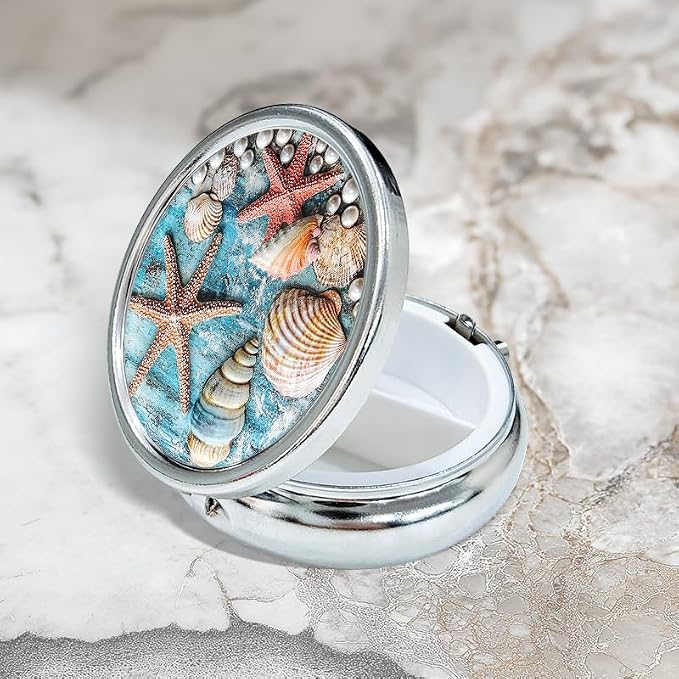 Portable Round 3 Compartment Metal Pill Box Beautiful Marine Style with Starfish Shells and Pearls for Travel Organizing Beach Trips and Home Decoration