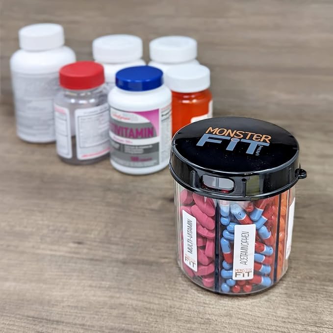 Supplement Pill Dispenser Bottle, 6 Compartment, Labels, Easy Open, Anti-Mixing, Monthly Vitamin Organizer, Monster Fit Jr Medication Holder (Clear, Small)