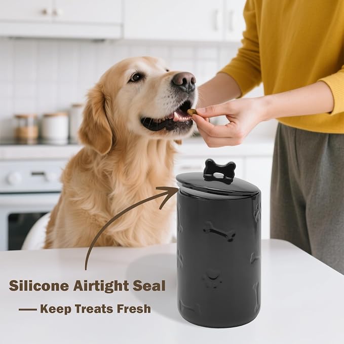 Dog Treat Container Airtight - 9"x5" Ceramic Big Treats Jar with Lid(Black) | Large Capacity Doggie Cookie Jar for Countertop, Airtight Lid Keep Food Fresh, Sturdy Durable, Cute Prints and Bone Handle