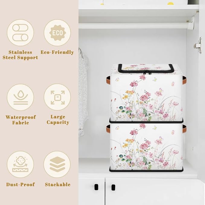 Boho Floral Flowers Storage Basket | Rectangular, Collapsible with Zipper Lid, Watercolor Butterfly Design, With Handles, 24L Capacity