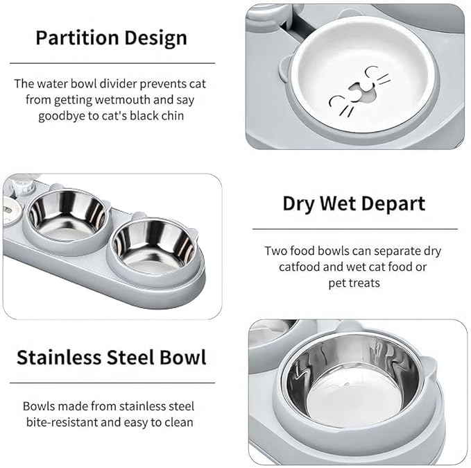 Marchul 3 in 1 Cat Bowl, Cat Food and Water Bowl Set with Water Dispenser and Stainless Steel Bowls, 15° Tilted Pet Raised Three Bowls for Indoor Cats, Small or Medium Sized Dogs
