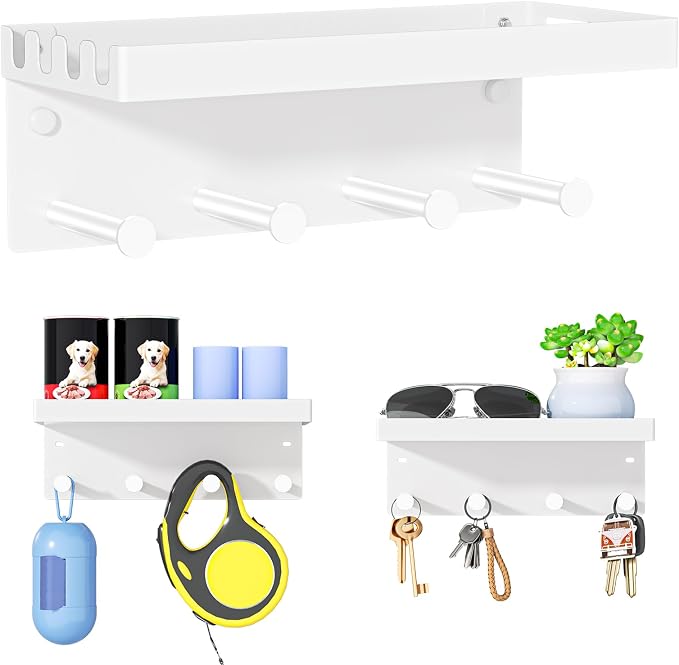 Dog Leash Holder for Wall, Key Holder Wall Mount, Metal Dog Leash Hooks, Pet Stuff Storage Shelf for Leash Hanger, Entryway Organizer Key Rack for Pet Collar, Treats, Toys, Mail (White)