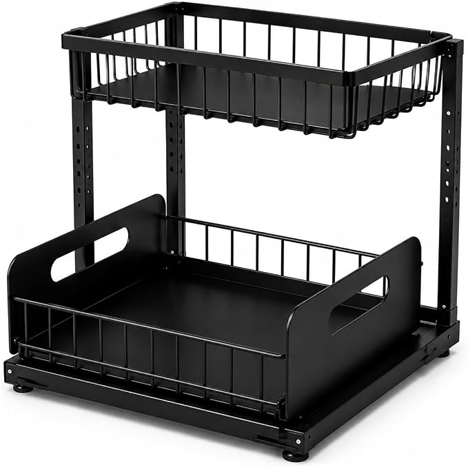 Under Sink Organizer, 2 Tier Adjustable Cabinet Organizer with Slide-Out Drawer, Heavy Duty Metal Storage Rack for Kitchen, Bathroom & Laudry room.