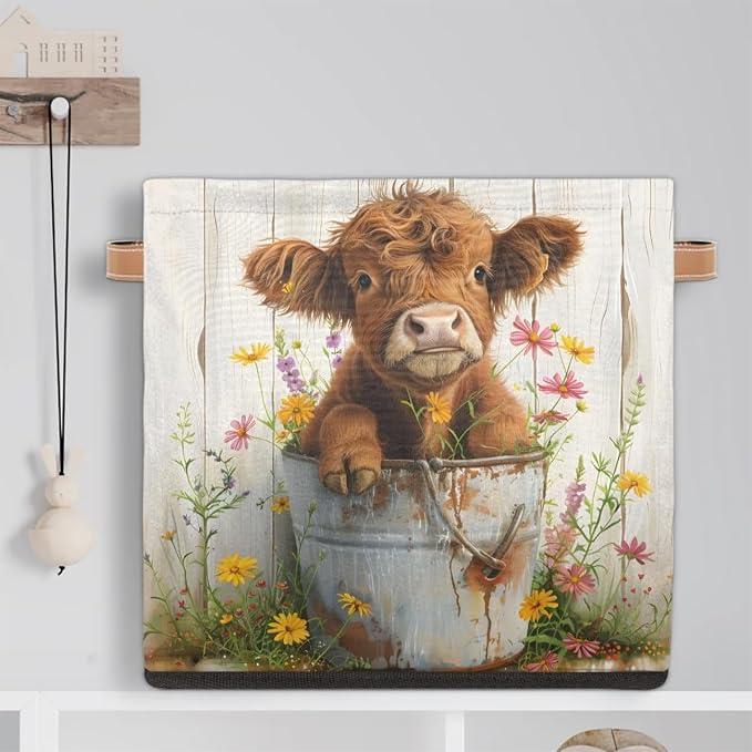 Farm Cute Cattle Cow Cube Storage Bin, 13 Inch Collapsible Fabric Storage Cubes Bin, Foldable Cube Baskets for Shelf, Closet, Organizer